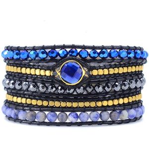Marama - Wikkelarmband Bohèmian Sun Blue - 83 cm. - dames armband - leer - kristal - hematiet - cadeautje voor haar