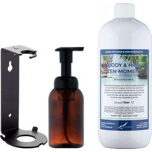 Zeepdispenser 300 ml amber bruin hervulbaar + 1 liter Body & Hair Zen Moment navulling (inclusief beugel)