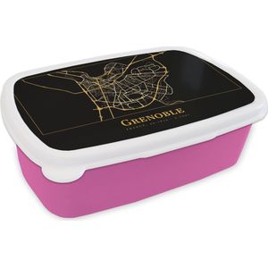 Broodtrommel Roze - Lunchbox - Brooddoos - Kaart - Grenoble - Goud - Zwart - 18x12x6 cm - Kinderen - Meisje