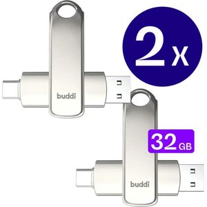Buddi - Dual Geheugenstick - Grijs - 32GB - USB-C en USB-A - USB 3.1