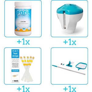 Zwembad Onderhoudsset - Startersset bevat Chloor - Chloordrijver - Testrips en Schoonmaakset - Zwembad Onderhoud Starterspakket - Chloortabletten - Ideaal voor Opzetzwembaden - Voor zwembaden van 2500 tot 25.000 liter (4-delig)