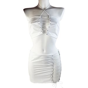 BamBella® Rok en top - Maat L/XL - Wit Sexy Set van Datex (Mix latex en stof ) Erotische dames kleding set kostuum Rok Lak glans shiny paal dans pak
