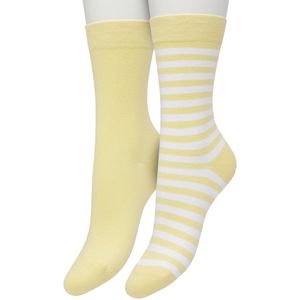 Bonnie Doon Sokken Set Gestreept en Effen voor Dames Geel/Wit maat 36/42 - Set met 2 paar Sokken - Strepen - Katoenen Sok - Gladde Naden - Brede Boord - Perfecte Pasvorm - 2-pack - Multipack - Licht Geel - Lichtgeel - White - Custard - OL041101.193