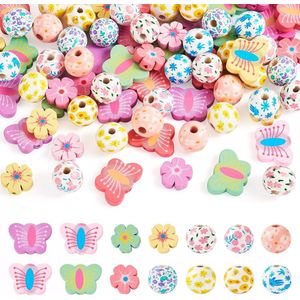 Houten bloemenkralen met groot gat - Ronde houten kralen vlinder - Houten knutselkralen voor boerderijslinger huisdecoratie en sieraden maken 75 stuks