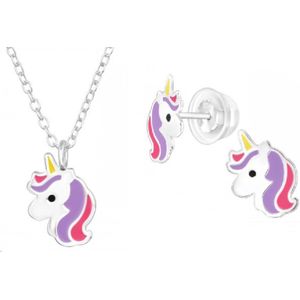 Nina- Kinder sieraden set- Cadeau meisje- 925 Sterling zilver- Complete set- Ketting- Oorbellen- Oorknopjes- Unicorn- Eenhoorn- Paars roze- Cadeau