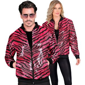 Widmann - Grappig & Fout Kostuum - Bomberjack Pailletten Jas Roze Animal Stripes - Roze - XXL - Carnavalskleding - Verkleedkleding