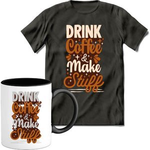 T-Shirtknaller T-Shirt met Koffiemok | Drink Coffe and Make Stuff - Koffie Kleding | Heren / Dames Shirt met Mok Cadeau | Kleur grijs | Maat S
