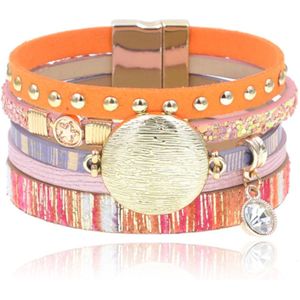 Oranje multicolor leren dames armband Ibiza stijl met bedels en studs