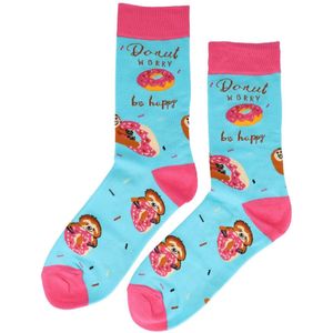 Sokken Katoen – Donut Luiaard Print – Blauw Roze Bruin – Maat 38-45