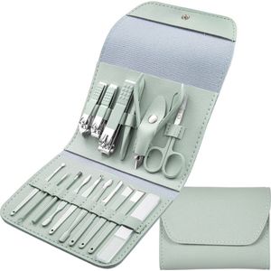 16-delige Pedicure, Manicure en Wenkbrauw Set - 3 Nagelknippers - Complete Pedicureset - Nagelschaar - Nagelvijl - Nageltang - Teennagelknipper - Kalknagel - Groen