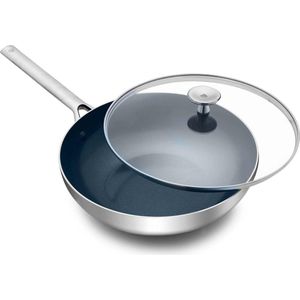 Roestvrijstalen Keramische Anti-aanbak Wokpan 28 cm/36 l met Deksel - PFAS-Vrij - RVS Meerlagig Inductie Vaatwasserbestendig - Ovenbestendig - Zilver