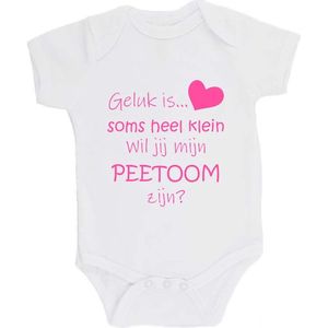 100% katoenen Romper ""Geluk is soms heel klein Wil jij mijn PEETOOM zijn?"" Meter Unisex Katoen Wit/roze Maat 56/62