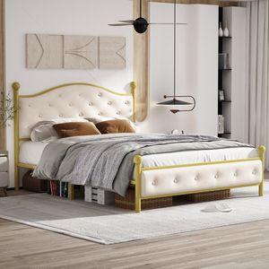 Gutent Modern metalen bed, 140x200 cm, Goud (Zonder matras), Bedframe met lattenbodem, Tweepersoonsbed, bedframe met hoofdeinde, logeerbed, jeugdbed voor slaapkamer, logeerkamer