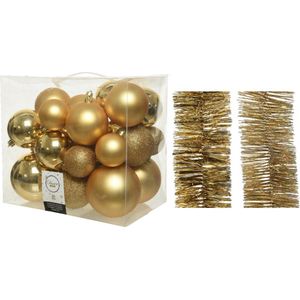 Kerstversiering kunststof kerstballen 6-8-10 cm met folieslingers pakket goud van 28x stuks - Kerstboomversiering
