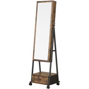 Nancy's Clement Sieradenspiegel - Sieradenkast - Op Wieltjes - Lade - Vintage - Bruin - Zwart - MDF - Metaal - Glas - 41,5 x 37 x 152,5 cm