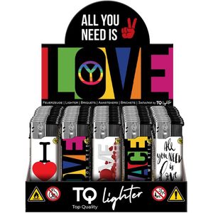 Elektronische aansteker hervulbaar - Design ALL YOU NEED IS LOVE - Display 50 stuks - wegwerpaansteker - electronic lighter - klik aanstekers