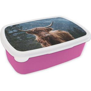 Broodtrommel Roze - Lunchbox - Brooddoos - Schotse hooglander - Bos - Den - 18x12x6 cm - Kinderen - Meisje