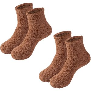 fluffy sokken - huissokken dames - 2 paar one size - cozy - wintersokken - dikke sokken - sloffen - bruin