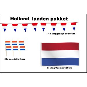 Landen versiering pakket Holland - Vlag Holland(90cmx150cm) - Cocktailprikkers Holland(50stuks) - Vlaggenlijn Holland 10 meter(1 stuks) - EK voetbal Europa festival evenement party decoratie (Nederland)