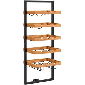 Wijnrek Muur - Wijnrekken - Hangend - voor aan muur - hout - metaal - wandmontage - wijn - 15 flessen - 6 wijnglazen