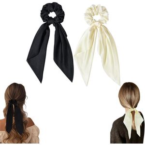 2 stuks - Satijnen strik haarelastiekjes - Effen haarelastiekjes - Effen haarelastiekjes - Paardenstaarthouders - Elegant en veelzijdig - Zwart en beige - Geschikt voor vrouwen en meisjes