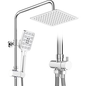 Douchesysteem zonder armatuur, chroom, 20 x 20 cm, vierkant, regendouche, doucheset met omstel, 3 straalsoorten handdouche
