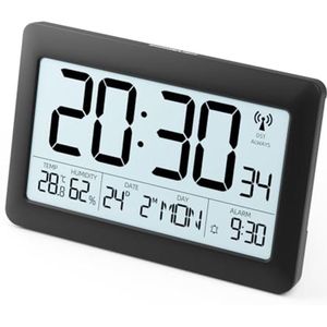 Digitale wandklok met 19,9 cm LCD-display, tafelklok met radiogolven en DST-functie, bureauklok met kalender, temperatuur en achtergrondverlichting