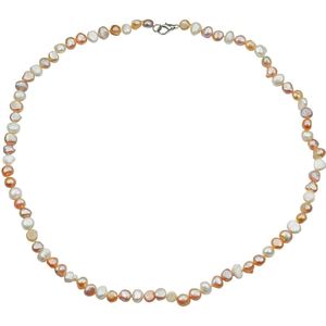 Zoetwater parel ketting Pearl Soft Colors Small - echte parels - handgeknoopt - sterling zilver (925) - wit, roze en zalm kleur - 43 cm + 5 cm verlengketting