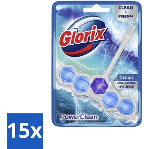 15 x Glorix - Toiletblok - Power Clean Ocean - Frisse Geur - 1 blok - Toiletblok - Oceaanfrisheid - Hygiëne - Reiniging - Anti-kalk