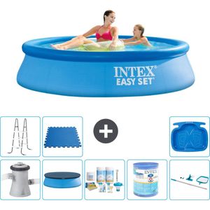 Intex Rond Opblaasbaar Easy Set Zwembad - 244 x 61 cm - Blauw - Inclusief Pomp Afdekzeil - Onderhoudspakket - Filter - Schoonmaakset - Ladder - Voetenbad - Vloertegels
