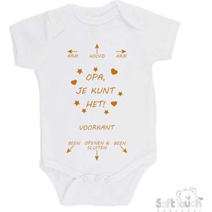 100% katoenen Romper ""Arm - Hoofd - Arm - Opa, je kunt het! - Been - Openen & Sluiten - Been"" Unisex Katoen Wit/tan Maat 56/62