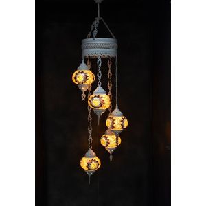 Hanglamp multicolour geel bruin glas mozaïek 5 bollen Turkse Oosterse Crèmewit Marokkaanse kroonluchter