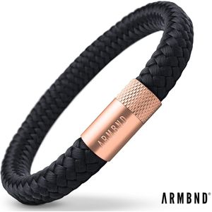 ARMBND® Heren armband - Zwart Touw met Rosé Goud Staal - Armand heren - Maat L/XL - 24 cm lang - The original - Touw armband