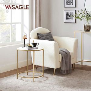 VASAGLE Beistelltisch, Couchtisch, Nachttisch, rund, mit Oberfläche aus Holzspanplatte und goldfarbenem Metallrahmen, einfache Montage, für Schlafzimmer, Wohnzimmer, modern, weiß-goldfarben LET282A10