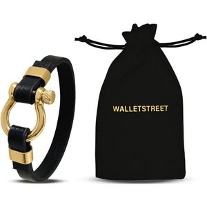 Walletstreet Zeemans/ Nautisch Armband - Leer en RVS - Mannen Armbandje 21 cm-zwart/goud-voor mannen en vrouwen-Kerstcadeau-Ideale geschenk