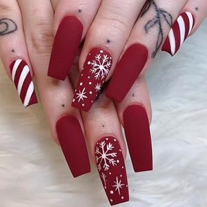 JHubers Goods - Vierkante kunstnagels - Set van 24 stuks met rood gebogen lijnen design en sneeuwvlokken - Manicure voor vrouwen met snoepstrepen.