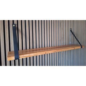 Hoexs - Acacia Hout 80 cm - Leren Plankdragers Zwart - Vintage Wandplank