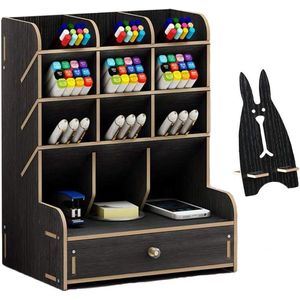 Houten Bureau Organizer - Multifunctionele Desktop Opberger - Penhouder - Kantoor Benodigdheden Box - School Spullen Opslagrek met Lade - Wit