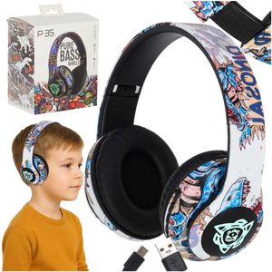 MOZY® - Draadloze Koptelefoon - Wit Graffiti - Bluetooth - tot 10 Meter - Bedieningspaneel - Bellen - met Ingebouwde Microfoon - Hoofdtelefoon Kinderen - Verstelbaar