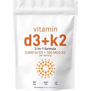 Vitamine D3 - 5000 IU + K2 ( MK7) 100 mcg per capsule – 300 Capsules – Hoge Dosering – Ondersteunt Immuunsysteem & Botten 100 % natuurlijke ingrediënten