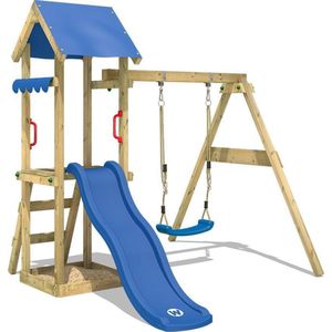 WICKEY speeltoestel klimtoestel TinyWave met schommel en blauwe glijbaan, outdoor kinderspeeltoestel met zandbak, ladder en speelaccessoires voor de tuin