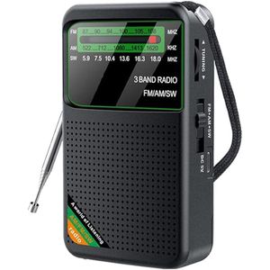 Zwarte tri-band zakradio - Draagbare AM/FM/kortegolfradio - Met hoogwaardige transistors en een grote luidspreker - Werkt op batterijen - Geschikt voor binnen- en buitengebruik