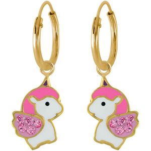 Joy|S - Zilveren eenhoorn oorbellen - baby unicorn oorringen - roze kristal roze - 14k goudplating