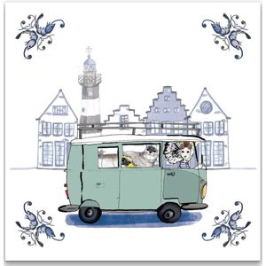 Petit Paris Illustraties - Hollands tegeltje - Zeeuws meisje - Deftsblauw - vintage bus - uniek cadeau