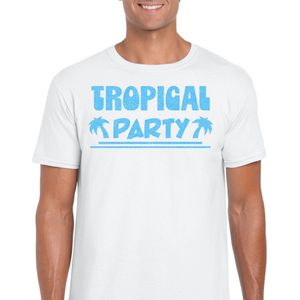 Bellatio Decorations Tropical party T-shirt heren - met glitters - wit/blauw - carnaval/themafeest L