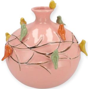 DK Design Vaas Spring birds - roze - keramiek - D18 x H18 cm - bloemenvaas