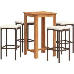 vidaXL Bartafel - Bartafels - Statafel - Hoge Tafel - 5-delige Tuinbarset massief acaciahout en poly rattan bruin