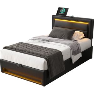 Merax Gestoffeerd Bed 90 x 200 cm - met USB-aansluiting (draadloos en bedraad opladen) - LED-verlichting en opbergruimte - PU-Litschi patroon - Zwart (zonder matras)