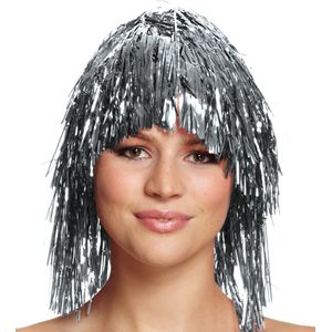 Folie verkleedpruik - set 4x - tinsel - dames zilver - disco/eighties