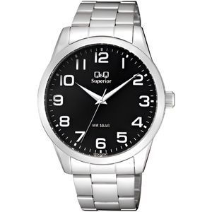 Q&Q C23A-005VY-Superior-All Steel - Horloge - Analoog -Heren- Stalen band - Rond - Metaal - Cijfers - Zilverkleurig - Zwart-Datum
